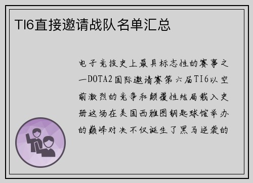 TI6直接邀请战队名单汇总
