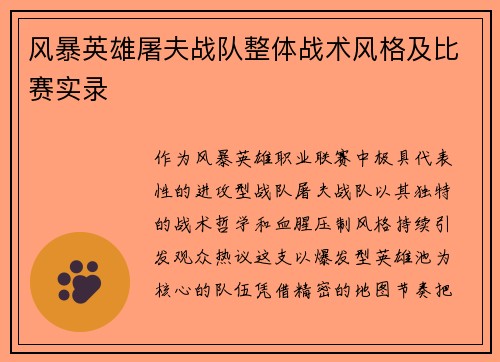 风暴英雄屠夫战队整体战术风格及比赛实录
